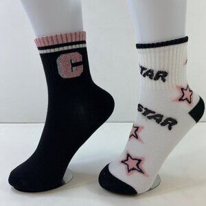 Womens Crew Socks Set 2 Star Print Letter "C" Black White Pink